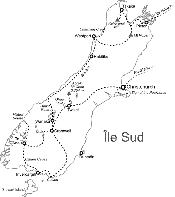 Carte Île Sud Nouvelle-Zélande